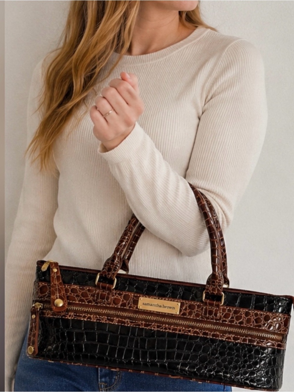 Samantha Brown Black Brown Croc Embossed Satchel Bag Patent Zip Shoulder Purse
